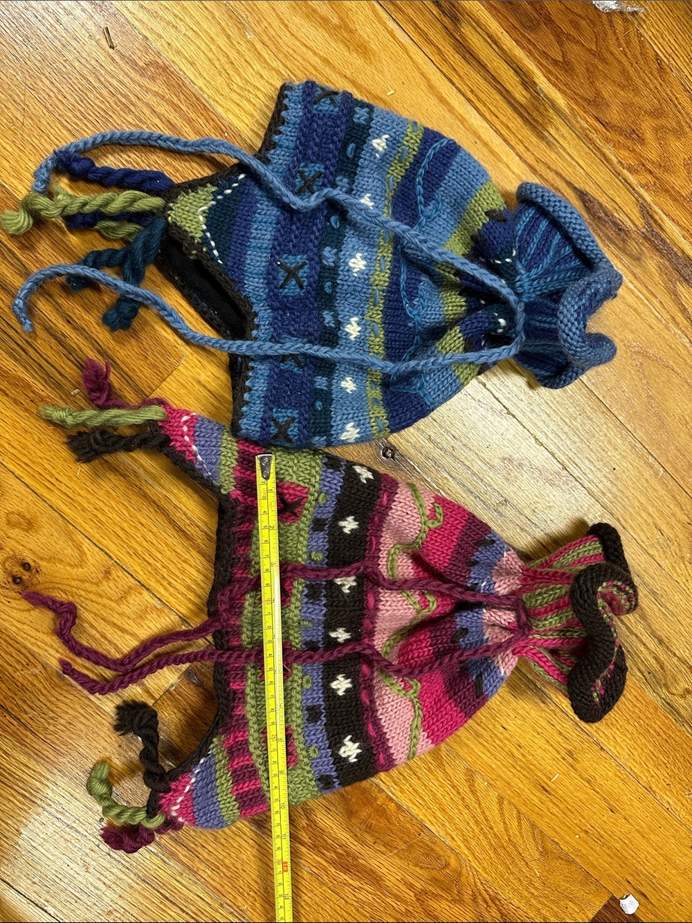 Kids WOOL boho Knit Earflap Hat - Blue & Pink Patterned